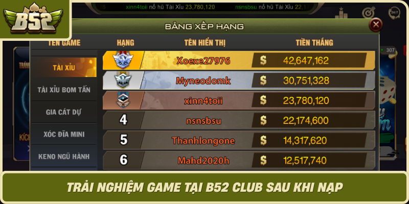 Trai Nghiem Game Tai B52 Club Sau Khi Nap